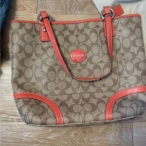 Coach Brown Signature Canvas Tote with Red Trim